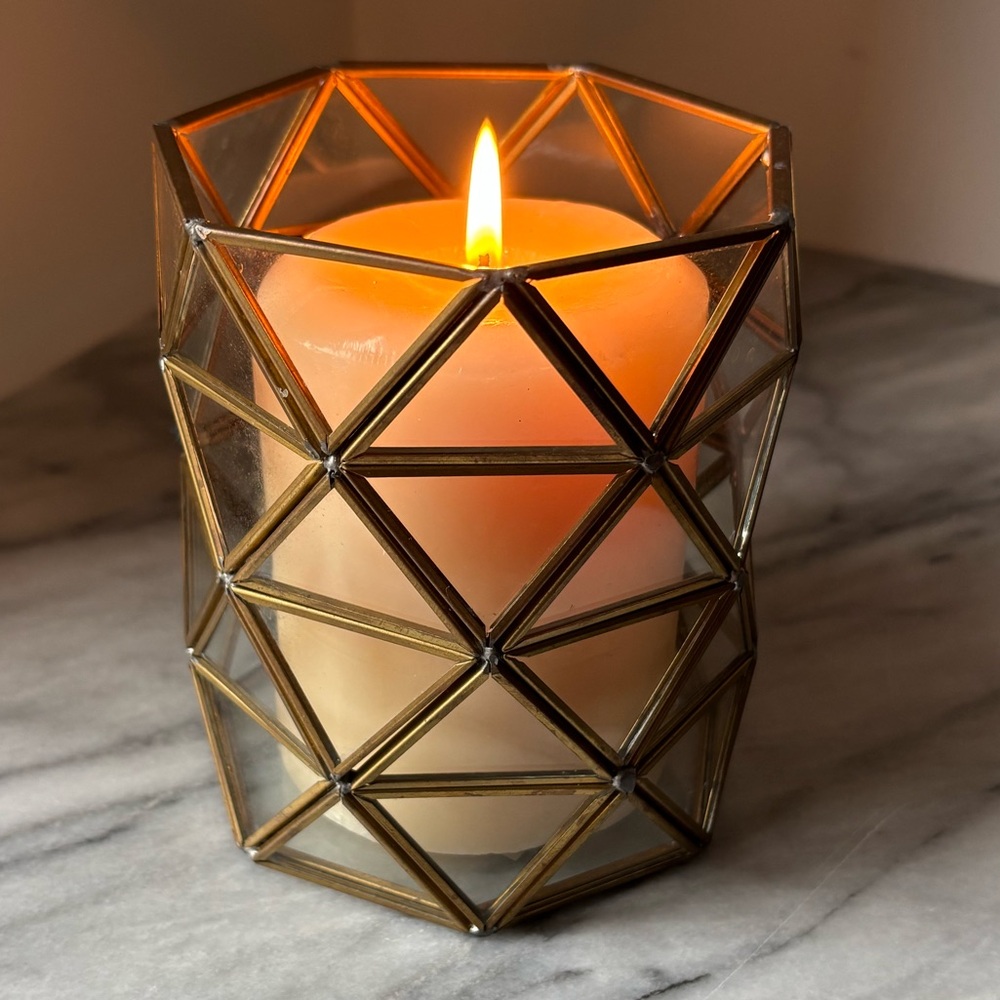 Triangle Faceted Glass and Brass Pillar Candle Holder or Pencil Holder 4.5”